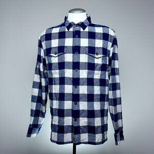 Roots Buffalo Plaid Flannel Shirt XL Blue White Cotton Plaid